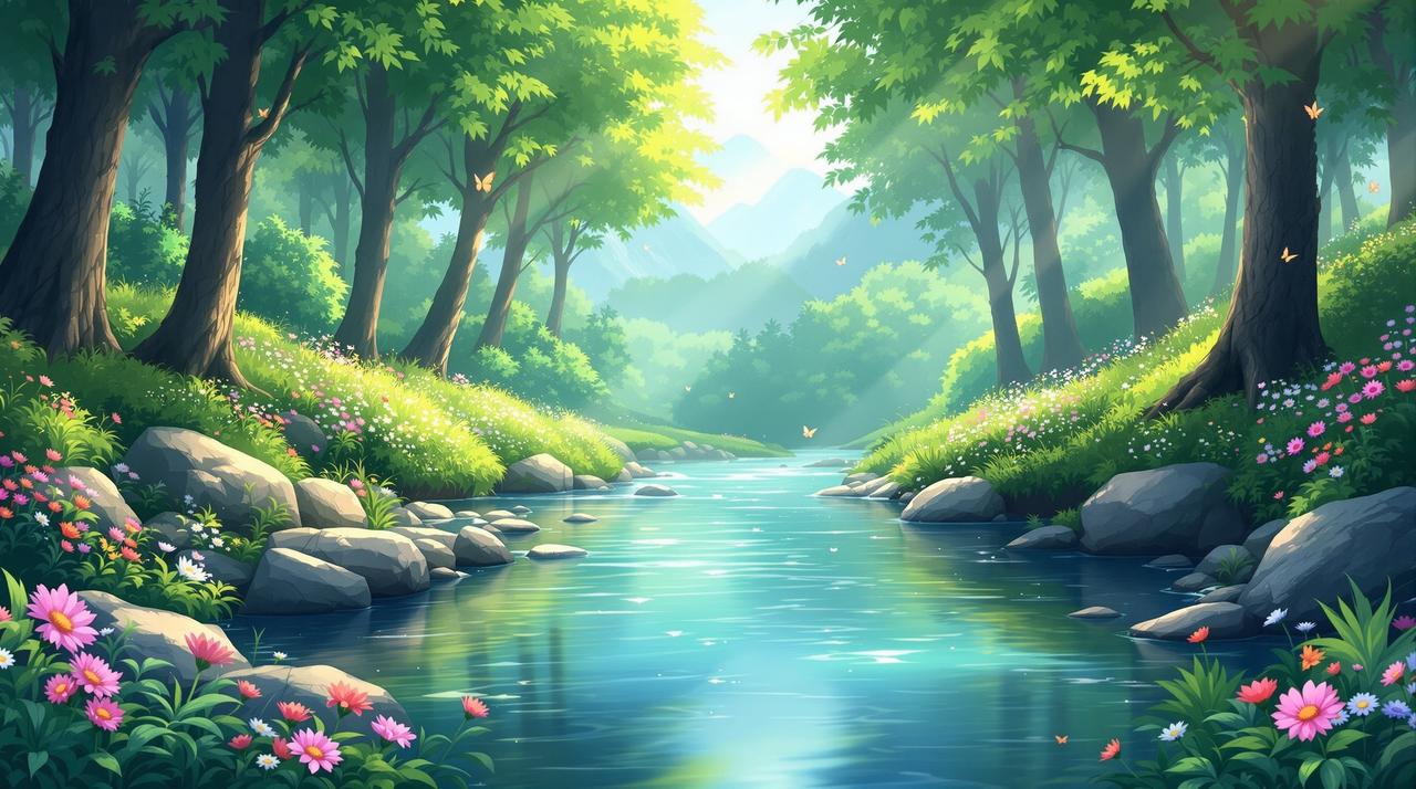 成人短剧资源 - 清澈甘甜的治愈剧场，山间清泉流淌在绿意盎然的森林中，晨光洒落，温暖治愈